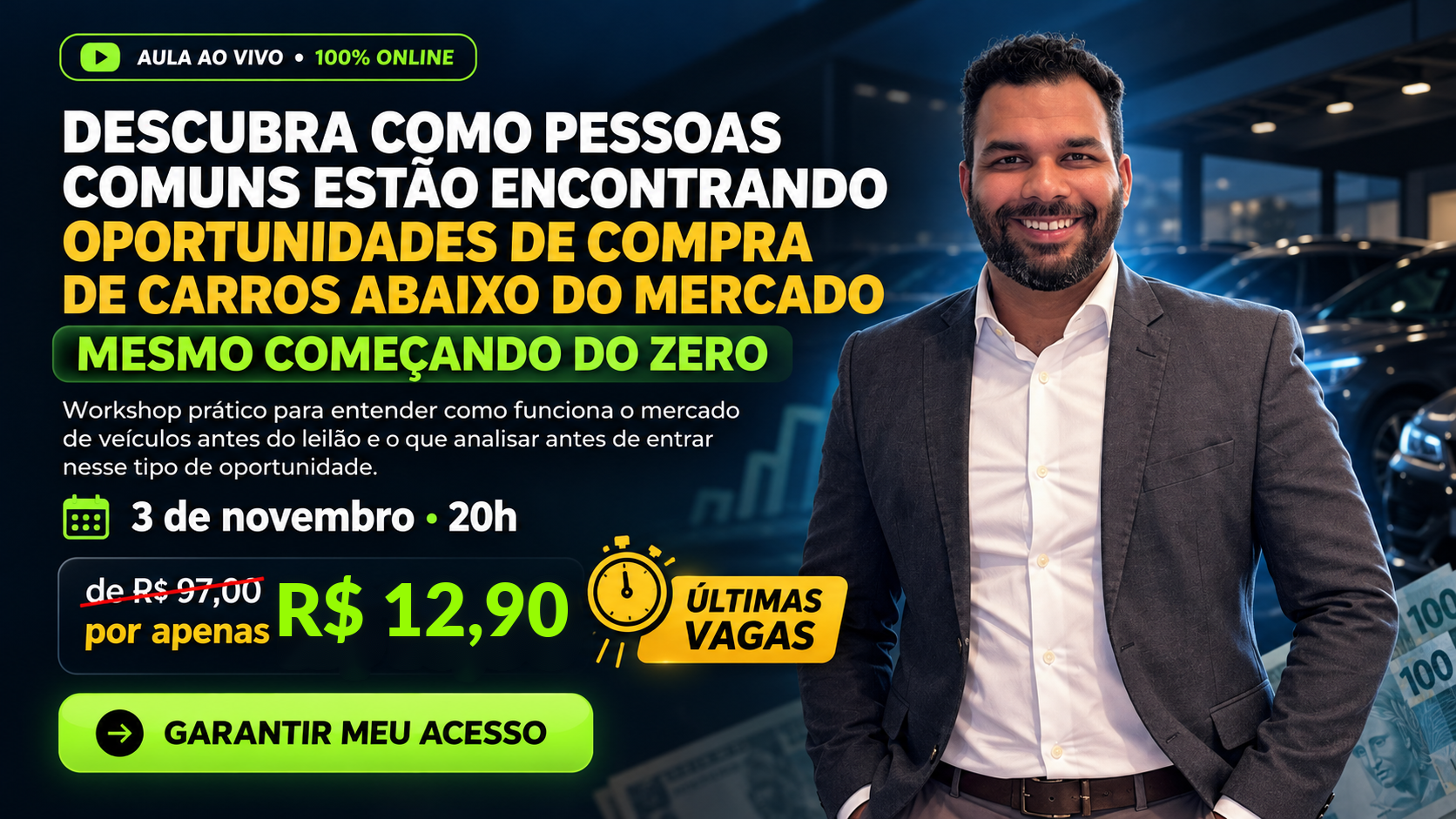 Banner do Workshop Segredos do Pré-Leilão com data de terça-feira, 3 de novembro às 20h e ingresso por R$ 12,90